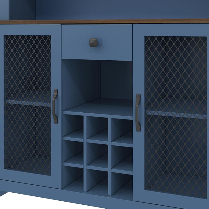 VilroCaz 70.9" Tall Farmhouse Kitchen Pantry Buffet Cabinet with Doors, Drawer and Shelves Wine Rack, Wooden Kitchen Hutch Cabinet with LED Outlets for Dining Room (Navy Blue-R)