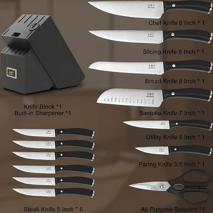 WANGMAZI Kitchen Knife Set, 15 Pcs Premium Stainless Steel Knife Block Set, Professional Chef Knife Set, Anti-Slip Sharp Knives Set for Home, Kitchen, Black