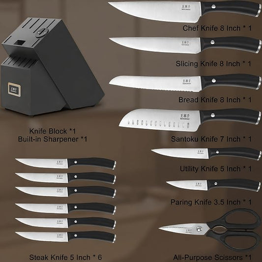 WANGMAZI Kitchen Knife Set, 15 Pcs Premium Stainless Steel Knife Block Set, Professional Chef Knife Set, Anti-Slip Sharp Knives Set for Home, Kitchen, Black