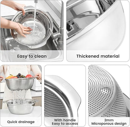 Paoli 304 Stainless Steel Fine Mesh Colander Set, 4QT Large Capacity Strainer with Mixing Bowl — Rinse Fruits, Veggies, Rice & Drain Pasta, Dishwasher Safe (2-Piece)