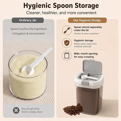 Airtight Brown Sugar Container with Spoon - 44 Fl Oz (1.3L) Clear Storage Jar for Pantry - BPA-Free AS Material Perfect for Ground Coffee (Holds 19 oz Weight), Beans, Flour & Tea
