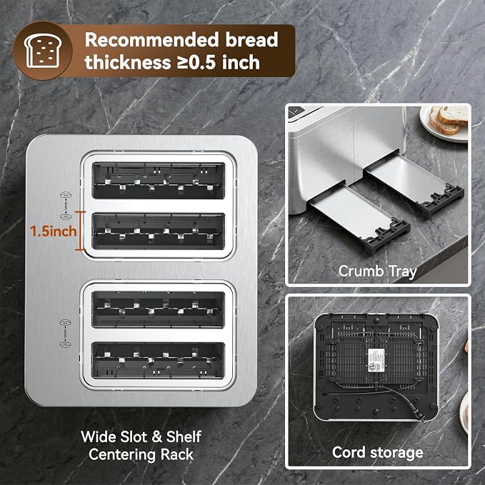 Mecity 4 Slice Toaster Wide Slot, Auto Lift Keep Warm Smart Toaster with Touch Screen, Dual Control Panel, Defrost, Auto Shut Off Digital Toasters for Bagel Muffin Waffle Gluten Free Breads 1700W 120V