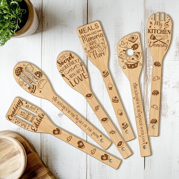 CUTHOLLOW 6PCS Funny Kitchen Wooden Kitchen Cooking Utensil Set, 11.9in Non Toxic Bamboo Wood Spoon Set for Cooking, Best Housewarming Birthday Thanksgiving Christmas Gift for Women Mother
