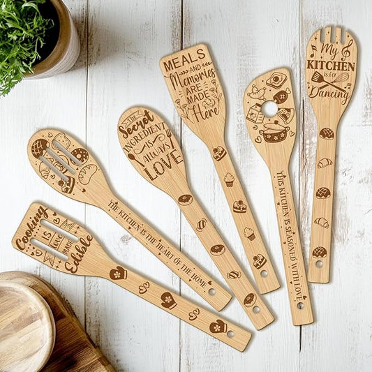 CUTHOLLOW 6PCS Funny Kitchen Wooden Kitchen Cooking Utensil Set, 11.9in Non Toxic Bamboo Wood Spoon Set for Cooking, Best Housewarming Birthday Thanksgiving Christmas Gift for Women Mother