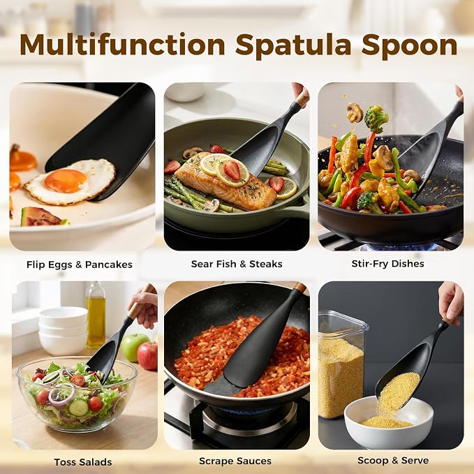 Silicone Cooking Spoon for Nonstick Cookware – Wooden Handle Spatula Spoon, Multi-Function Kitchen Tool for Stirring, Scooping, Scraping & Serving, Heat-Resistant(Black, 12.8 Inch)