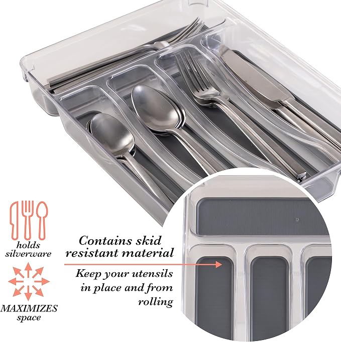 Kitchen Details 23195 Utensil and Cutlery Drawer Organizer, Divider, Tray, Storage, 5 Compartment, Clear