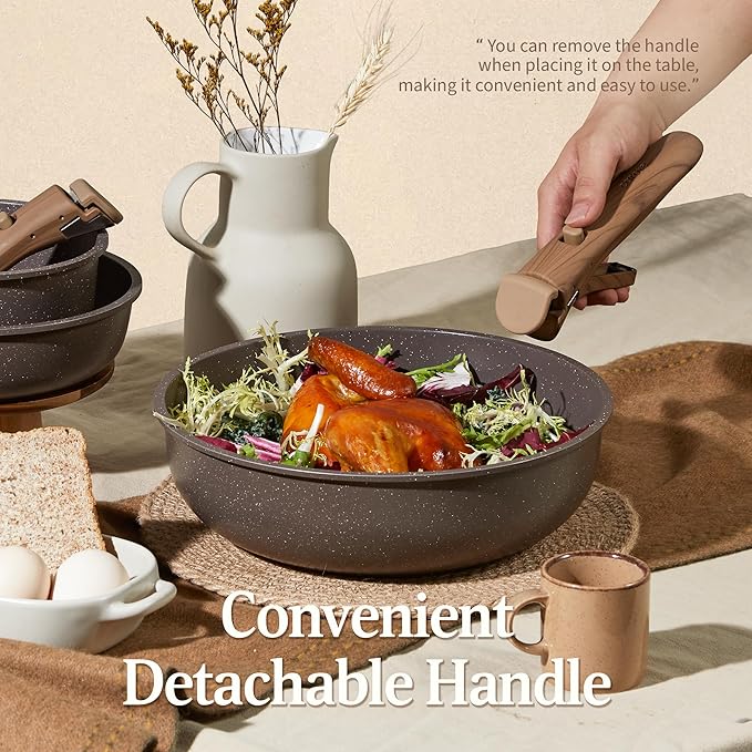 CAROTE 21PCS Pots and Pans Set Non Stick with Detachable Handle, Nonstick Cookware Sets, Cooking Kitchen Set, Oven/Dishwasher Safe, Induction Cookware, Brown, RV Kitchen Pot and Pan