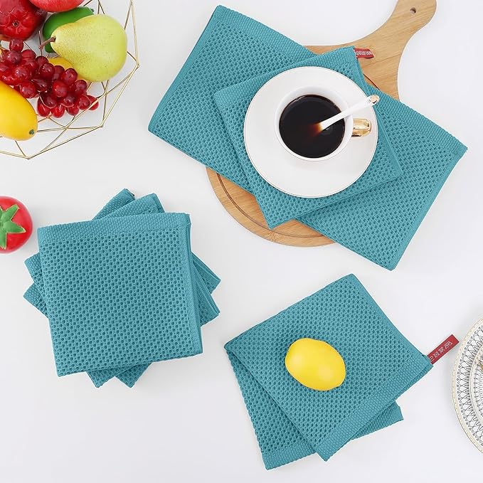 Homaxy 100% Cotton Waffle Weave Kitchen Dish Cloths, Ultra Soft Absorbent Quick Drying Dish Towels, 12 x 12 Inches, 24-Pack, Lake Blue