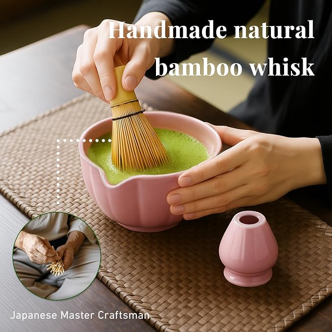 Renmxj Matcha Whisk Set,7 PCS Ceramic Matcha Kit Includes Matcha Bowl with Spout, Matcha Whisk and Holder, Bamboo Scoop, Stainless Sifter, Tea Towel, Unique Gift for Matcha Lovers (Pink)