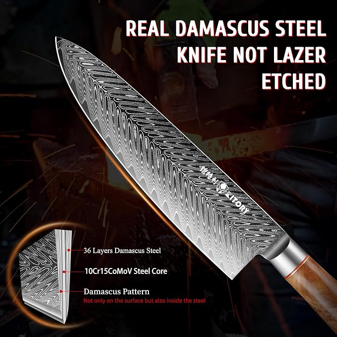 Kitory Damascus Chef Knife, 8" Ultra Sharp Kitchen knife - High Carbon 73-Layer 10Cr15CoMoV Stainless Steel - with White Shadow Wood Handle, for Kitchen and Restaurant, 2025 Gift