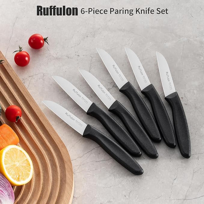 Stainless Steel Paring Knife Set (6 Pieces)，Ultra Sharp Vegetable and Fruit Knife, Black Paring Knife with Straight Edge，Small Kitchen Knife with PP Plastic Ergonomic Handle