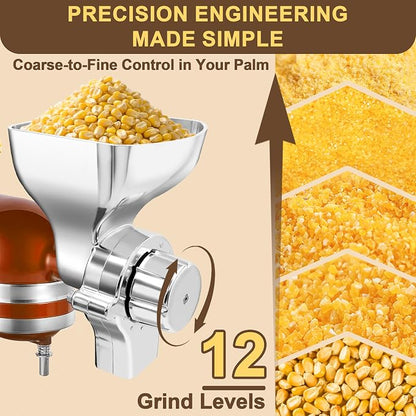 Premium All-Metal Grain Mill Attachment for KitchenAid Stand Mixers, 12-Level Adjustable Flour Mill Grinder for Wheat, Oats, Corn, Rice, Non-Oily Dry Grains - Includes Cleaning Brush