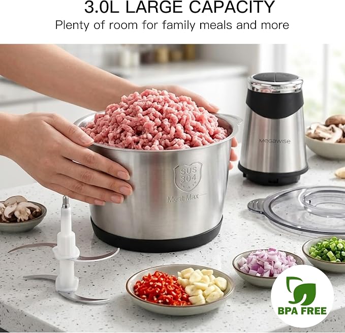 MEGAWISE Electric Food Processor, 800W Meat Grinder & Vegetable Chopper - 2 Bowls (3L Stainless Steel + 3L Glass) with 4 Blades, Dual-Speed Food Chopper for Meat, Fruits, Vegetables, and Nuts