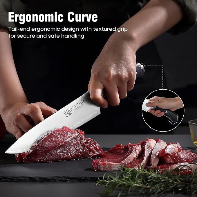 PAUDIN Kitchen Knife Set, Ultra-Sharp Damascus Clad Steel Knives for Meat and Vegetables, Ergonomic Wooden Handle,62 HRC Modern Kitchen Chef Knife Set for Cooking,BBQ,Meal Prep,Gifts for Men and Women