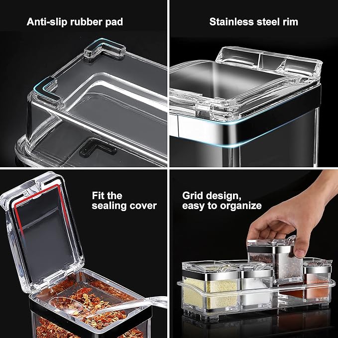 Acrylic Seasoning Box Set, 4 Piece Clear Premium Quality Storage Rack Spice Pots Condiment Jars for Salt Sugar Cruet Kitchen Organization Containers with Cover and Spoon