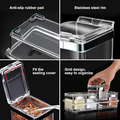 Acrylic Seasoning Box Set, 4 Piece Clear Premium Quality Storage Rack Spice Pots Condiment Jars for Salt Sugar Cruet Kitchen Organization Containers with Cover and Spoon