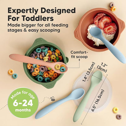 KeaBabies Silicone Baby Spoons, Self Feeding 6-12 months - 3-Pack Baby Weaning Eating Utensils, Toddler First Food Training Spoon, Infant, Kids Feeding Supplies Essential Set, Dishwasher-safe (Mellow)