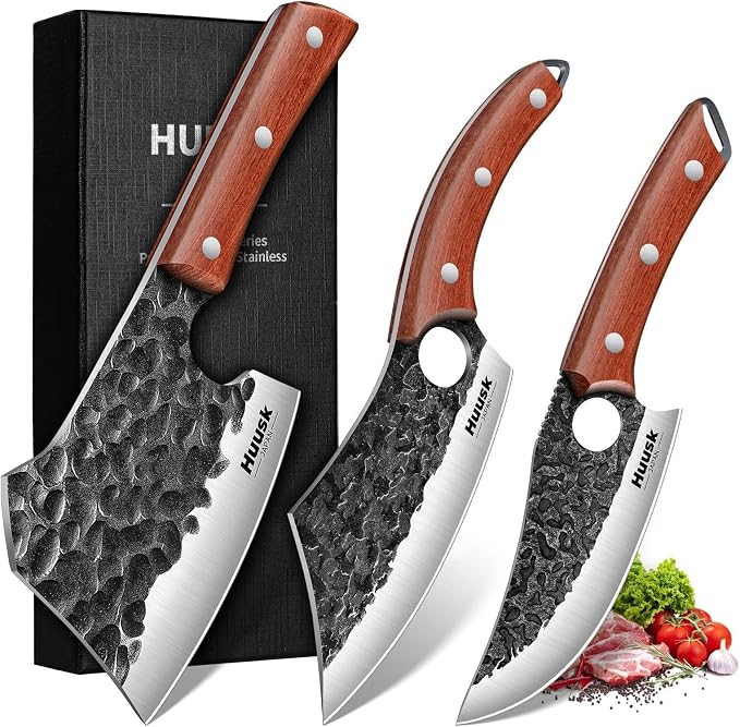 Huusk Butcher Knife Set of 3 - Full Tang Meat Cleaver Knife Set for Meat Processing, Hand Forged Viking Knives Sets with Bone Axe, Heavy-Duty Kitchen Knives Sets for Outdoor BBQ Cooking, Gifts for Men