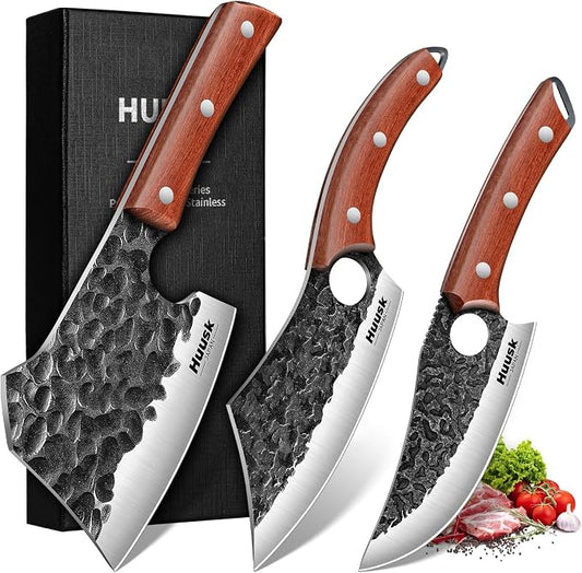 Huusk Butcher Knife Set of 3 - Full Tang Meat Cleaver Knife Set for Meat Processing, Hand Forged Viking Knives Sets with Bone Axe, Heavy-Duty Kitchen Knives Sets for Outdoor BBQ Cooking, Gifts for Men