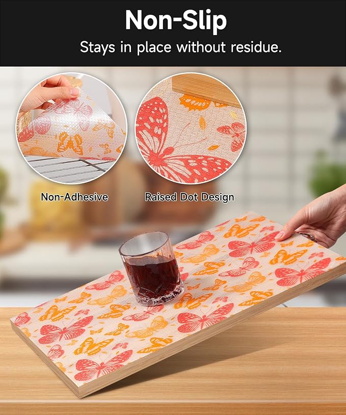 Waterproof Butterfly Table Mat, EVA Table Protector and Shelf Liner, Non Slip Non Adhesive Cabinet Drawer Liner, Easy Cut Transparent Cover for Kitchen, Dresser and Dining Table (Red, 17.7"W x 197"L)