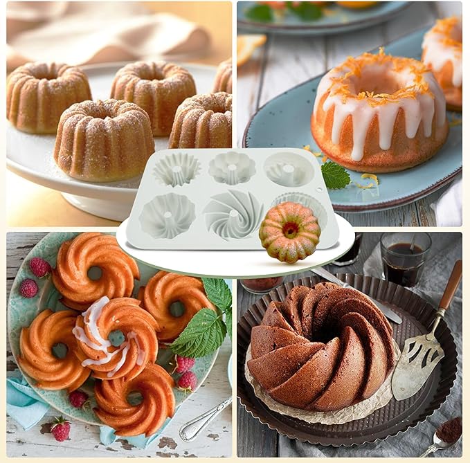 2Pcs Mini Cake Pans for Baking, 6-Cavity Fluted Tube Cake Pan Non-Stick, Silicone Molds for Baking, Cake Pan for Cupcakes, Donuts, Cornbread, Brownies, Jellies