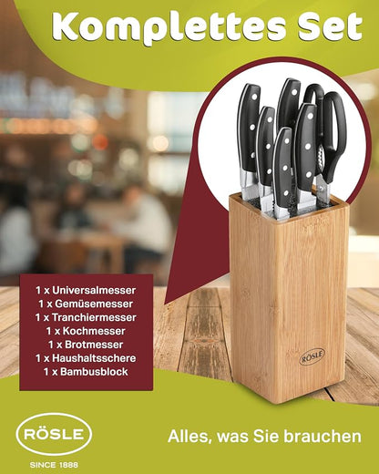 Rösle German Knife Set in Bamboo Block, 5-Piece Set plus Scissors