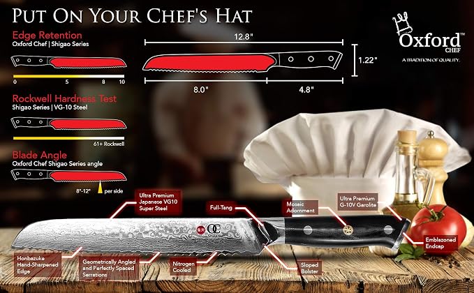 Oxford CHEF Bread Knife 8 inch Serrated Damascus- Japanese- VG10 Super Steel 67 Layer High Carbon Stainless Steel-Razor Sharp, Stain & Corrosion Resistant, & Awesome Edge Retention