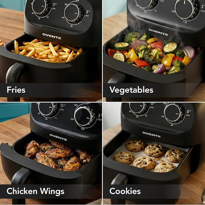OVENTE 2QT Compact Air Fryer for 1–2 People, 900W Small Oil-Free Fryer with Manual Dual Knobs, Adjustable Temperature, 60 Minute Timer, Auto Shutoff & Dishwasher Safe Nonstick Basket, Black FAM18900B