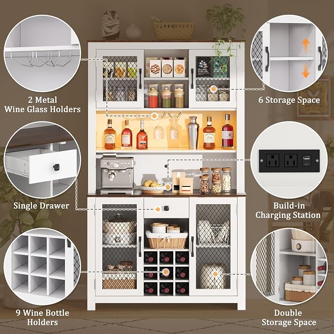 VilroCaz 70.9" Tall Farmhouse Kitchen Pantry Buffet Cabinet with Doors, Drawer and Shelves Wine Rack, Wooden Kitchen Hutch Cabinet with LED Outlets for Dining Room (White-R)