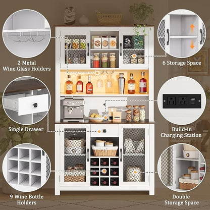 VilroCaz 70.9" Tall Farmhouse Kitchen Pantry Buffet Cabinet with Doors, Drawer and Shelves Wine Rack, Wooden Kitchen Hutch Cabinet with LED Outlets for Dining Room (White-R)