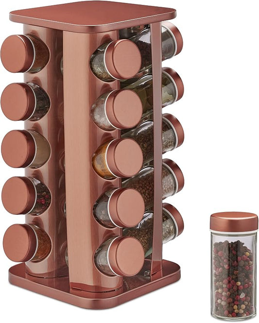 Relaxdays Spice Rack, 20 Glass Jars, Rotatable, Stainless Steel, H x W x D: Approx. 34 x 20 x 20 cm, Copper