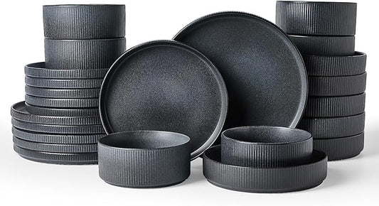 Famiware Star Dinnerware Set with Pasta Bowls, Service for 6 (24 Pieces), Ribbed Stoneware Plates and Double Bowls Sets - Chip & Scratch Resistant, Microwave & Dishwasher Safe, Matte Dark Charcoal