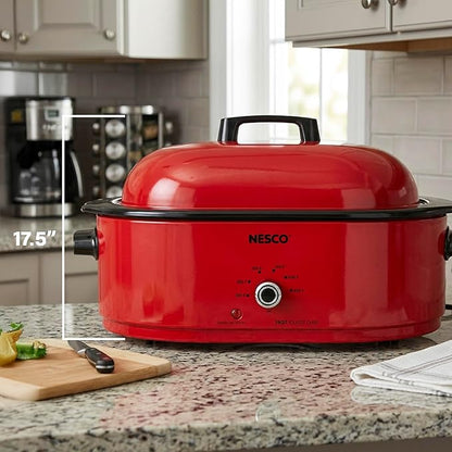 NESCO MWR18‑12 Electric Roaster Oven for Family‑Size Meals, Red 18‑Quart Countertop Roaster with Circle of Heat Heating Technology