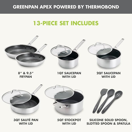GreenPan Hybrid 13 Piece Nonstick Stainless Steel Cookware Set, APEX Tri-Ply Thermobond PFAS-Free Ceramic Pots & Pans, Induction & All Cooktop Compatible, Oven Temp to 850°F, Dishwasher Safe, Silver