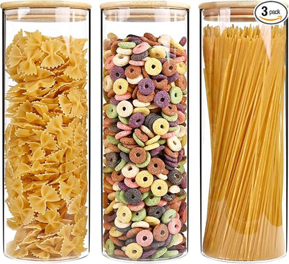 SHOWIN 73oz Glass Pasta Storage Jars, Tall Glass Jars with Bamboo Lids, Spaghetti Container, Set of 3, Kitchen Storage Containers for Pasta, Pantry Organizers