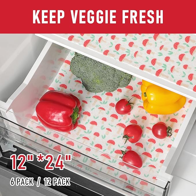 Cooyes 12 Pack Cloth Shelf Liners for Kitchen Cabinets, 12" × 24", Non-Slip Refrigerator Liners Machine Washable, Crisper Drawer Mats for Glass Shelves and Freezers, (Red Mushroom)