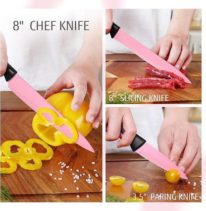 hecef 13 Pieces Kitchen Knife Set with Built-in Sharpening Wooden Block, Dishwasher Safe, High Carbon Stainless Steel Knife Block Set with Steak Knives, Kitchen Scissors, Pink