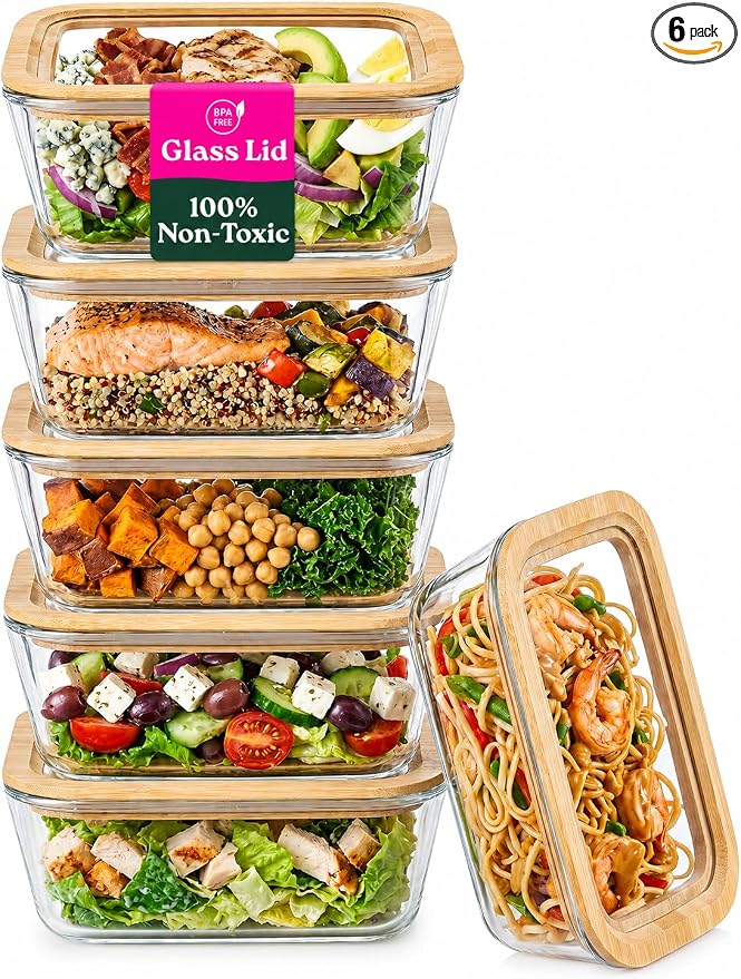6-Pack Glass Food Storage Containers with Clear-Top Bamboo Lids – Plastic Free 27 Oz Glass Meal Prep Containers for Lunch, Eco Friendly Airtight Food Storage, Microwave & Oven Safe