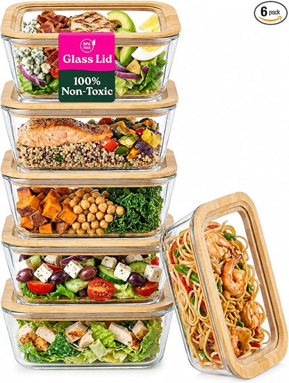 6-Pack Glass Food Storage Containers with Clear-Top Bamboo Lids – Plastic Free 27 Oz Glass Meal Prep Containers for Lunch, Eco Friendly Airtight Food Storage, Microwave & Oven Safe