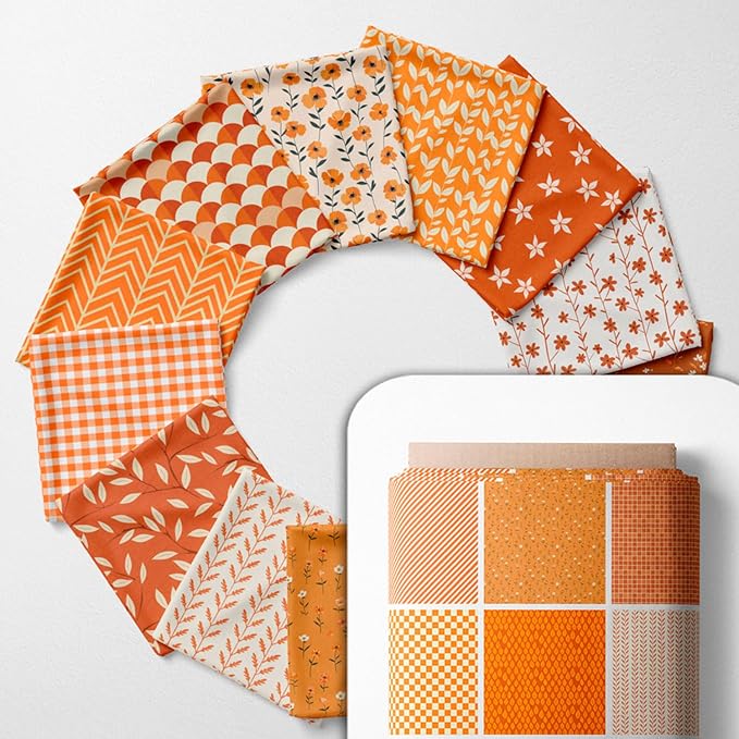 Cotton Satin Patchwork Fabric Panel – 35 Designs, 20×20 cm Squares, Single Piece 150×110 cm, Terracotta Orange Quilt Fabric(Sunset Orange Floral Patchwork Set, 35pcs 8x8 inch)