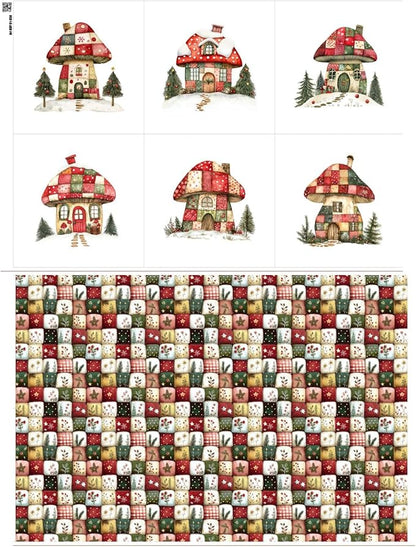 Christmas Patchwork Mushroom House Fabric Panel – Single Continuous Cotton Satin Panel with 6 Printed Squares 9.8” x 9.8” and Bonus Patchwork Area – 100% Cotton for Quilting & Sewing