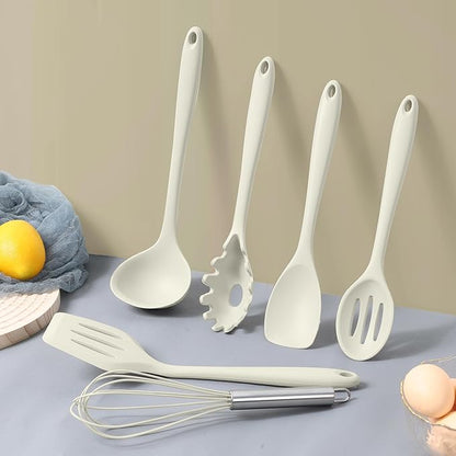 LIANYU 14 Pcs Kitchen Utensils Set with Holder, Silicone Cooking Utensils Spatula Set, Heat Resistant Cookware Tools Includes Spoon Turner Whisk Tong, Dishwasher safe, Cream White