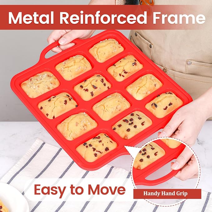 Silicone Mini Loaf Pan, 12 Cavities Metal Reinforced Frame Nonstick Food Grade for Baking Mini Bread, Brownie, Cornbread, Cheesecake and Chocolate (2 Pack)