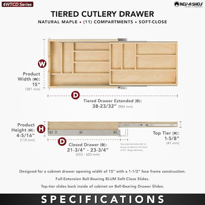 Rev-A-Shelf Maple Two-Tier Cutlery Replacement Drawer System w/ BLUM Soft-Close for Face Frame Base Kitchen Cabinets, Kitchen Drawer Organizer, Min Opening Width of 15", 4WTCD-18HSC-1