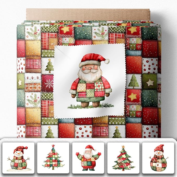 Christmas Patchwork Cotton Fabric Panel – 6 Designs (10×10 inch Each) + Bonus Patchwork Sheet 29.5×19.6 inch, 100% Cotton 140 GSM