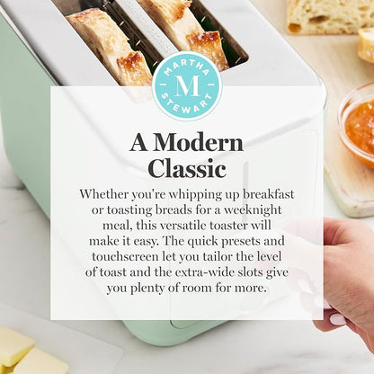 Martha Stewart 2 Slice Toaster, 10 Shade Settings with Defrost, Cancel, Bagel & Gluten-Free, Extra-Wide Self-Centering Slots for Waffles & Artisan Bread, Removable Crumb Tray, Cord Wrap, Honeydew