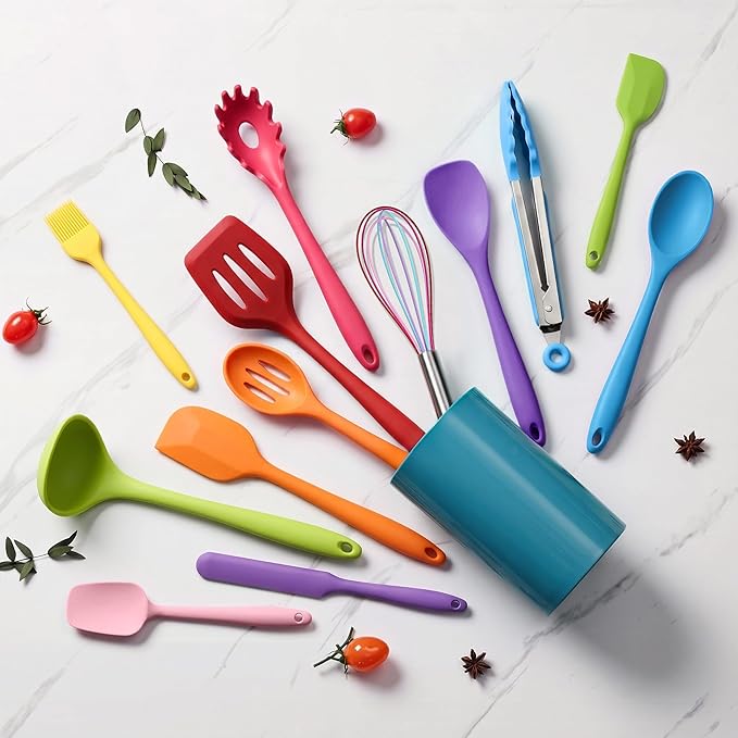 LIANYU 14 Pcs Cooking Utensils Set with Holder, Silicone Kitchen Cookware Utensils Set, Heat Resistant Cooking Gadget Tools Includes Spatula Spoon Turner Whisk Tong, Dishwasher Safe, Colorful