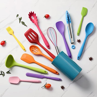 LIANYU 14 Pcs Cooking Utensils Set with Holder, Silicone Kitchen Cookware Utensils Set, Heat Resistant Cooking Gadget Tools Includes Spatula Spoon Turner Whisk Tong, Dishwasher Safe, Colorful