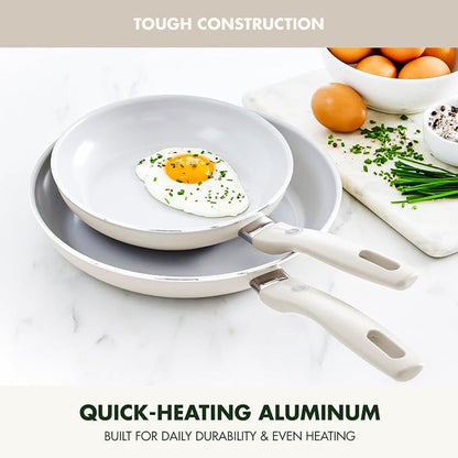 GreenPan Dover 8” 10” 2 Piece Frying Pan Skillet Set, Non-Toxic PFAS-Free Ceramic Nonstick Coating, Sear Saute Fry Egg Omlete, Dishwasher & Oven Safe, Stay Cool Handle, Easy Pour Rims, Cream White