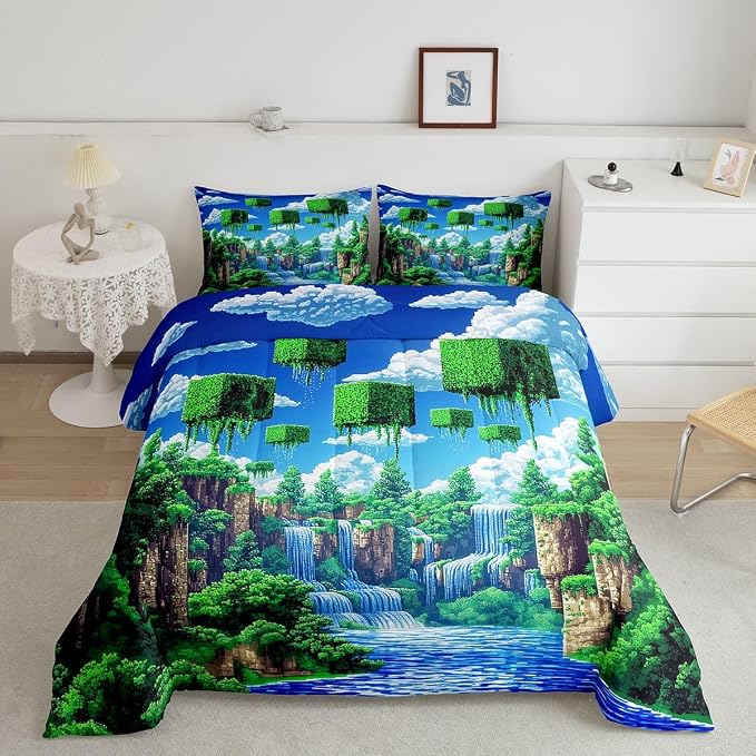 Manfei Pixelated Games Comforter Set -Cartoon Gamepad Comforter Queen Size Block Building Gaming Bedding Set for Kids Adults Bedroom Decor Fashion Modern Quilt Duvet,3 Pcs with 2 Pillowcase
